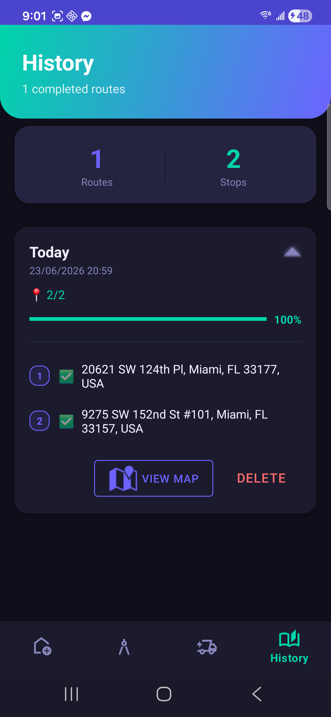 Ruvkgo history screen with expanded route